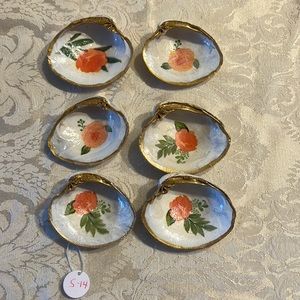 6 Clam Shell Ring Earrings trinket holder with pink flower and painted gold trim